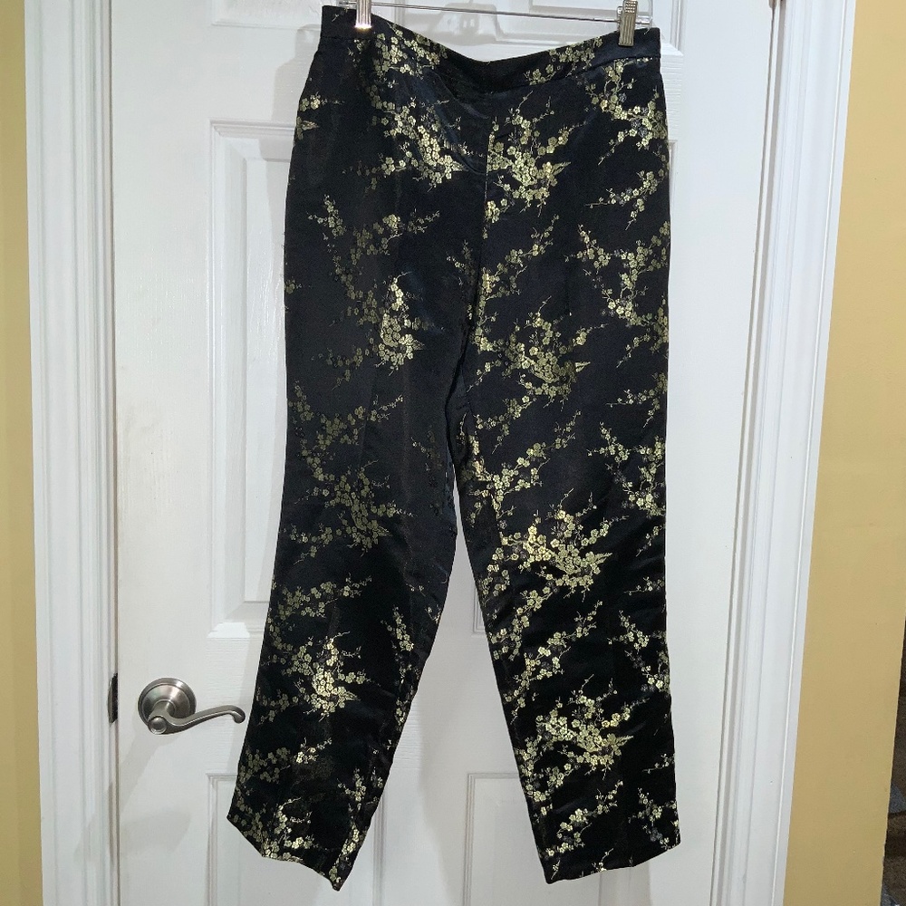 Bay Studio Petite black gold satin embroidered high waist pants Sz 14P Side zip